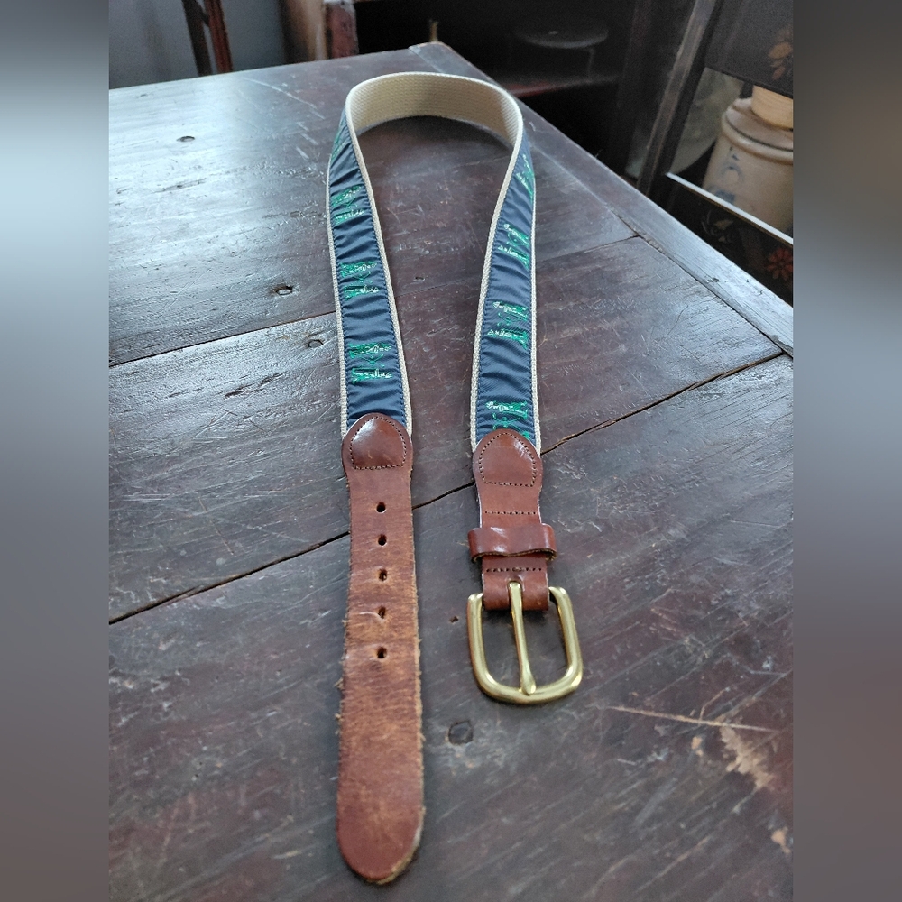Vintage Leatherman top grain leather gold brass & navy embroidered belt 38 waist